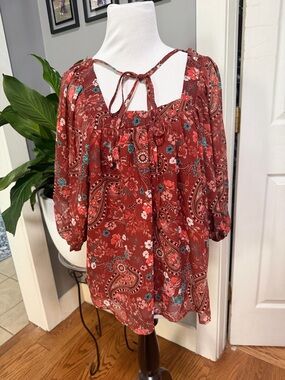miami Rust Paisley Floral Puff-Sleeve Top